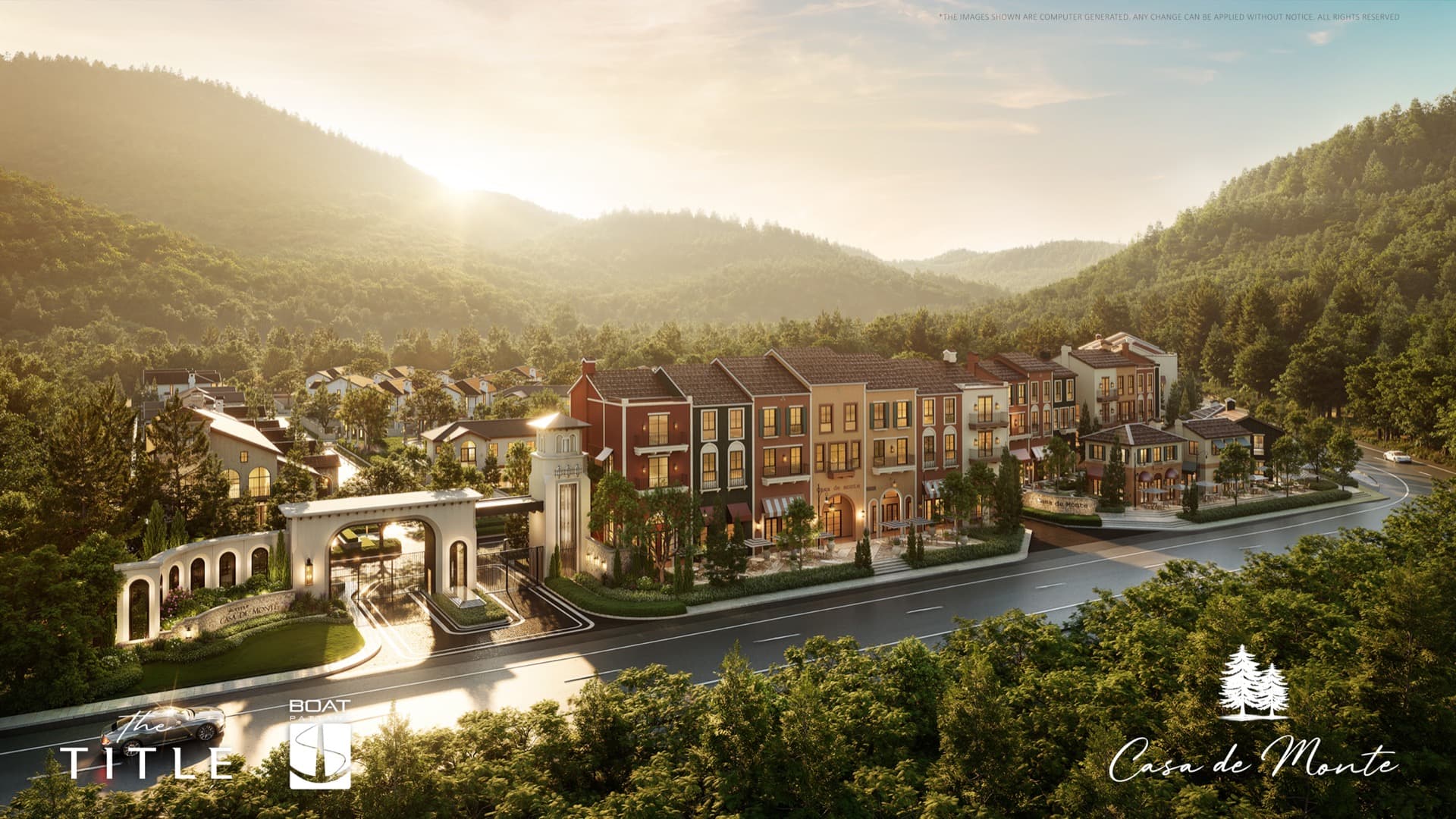 Casa de Monte entrance — Tuscan-style gate with sunset