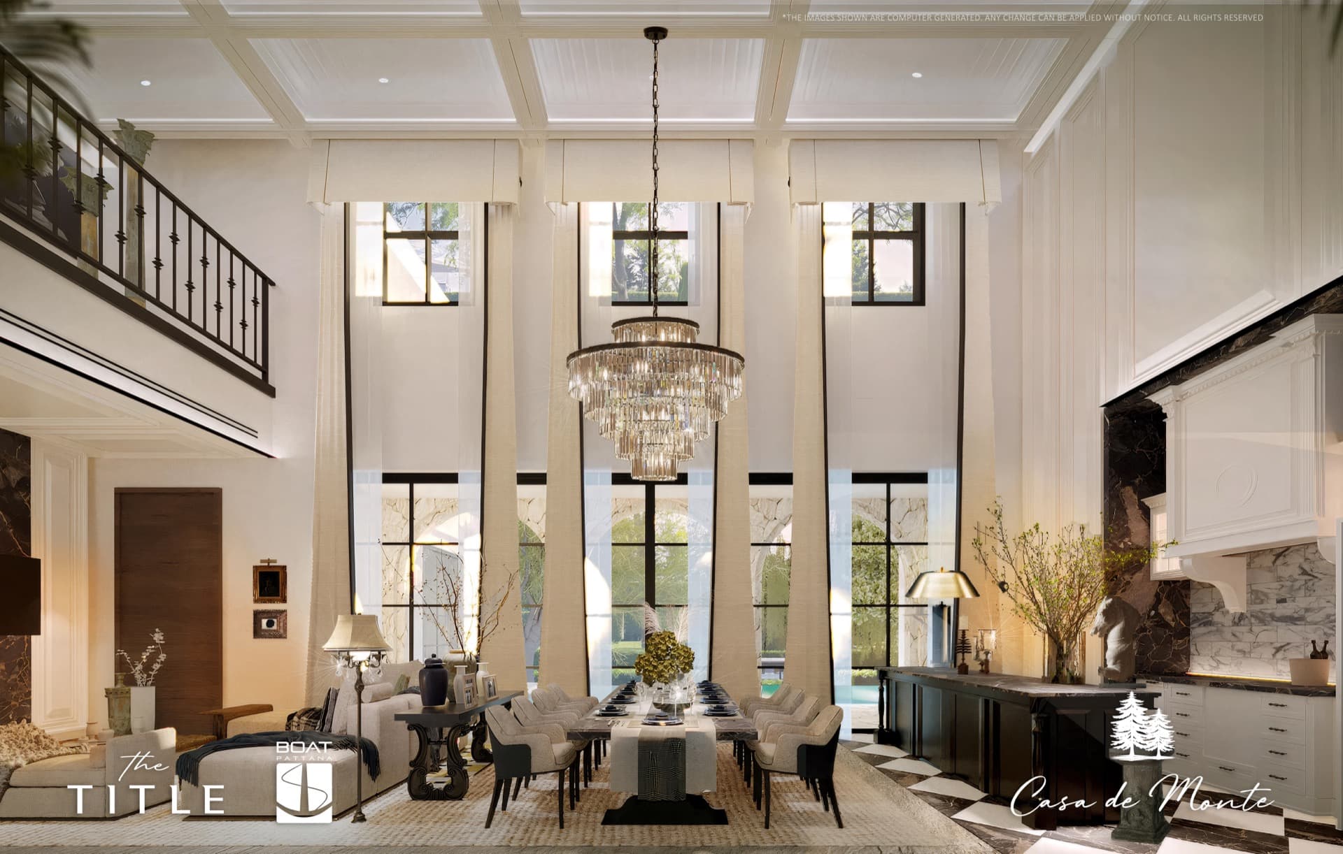 Silvora villa interior — double-height living room