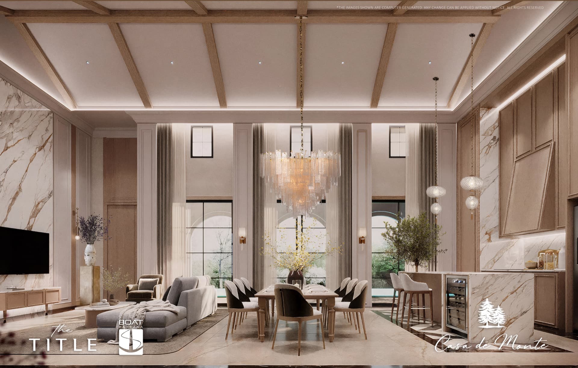 Sylvia villa interior — open living with marble accents