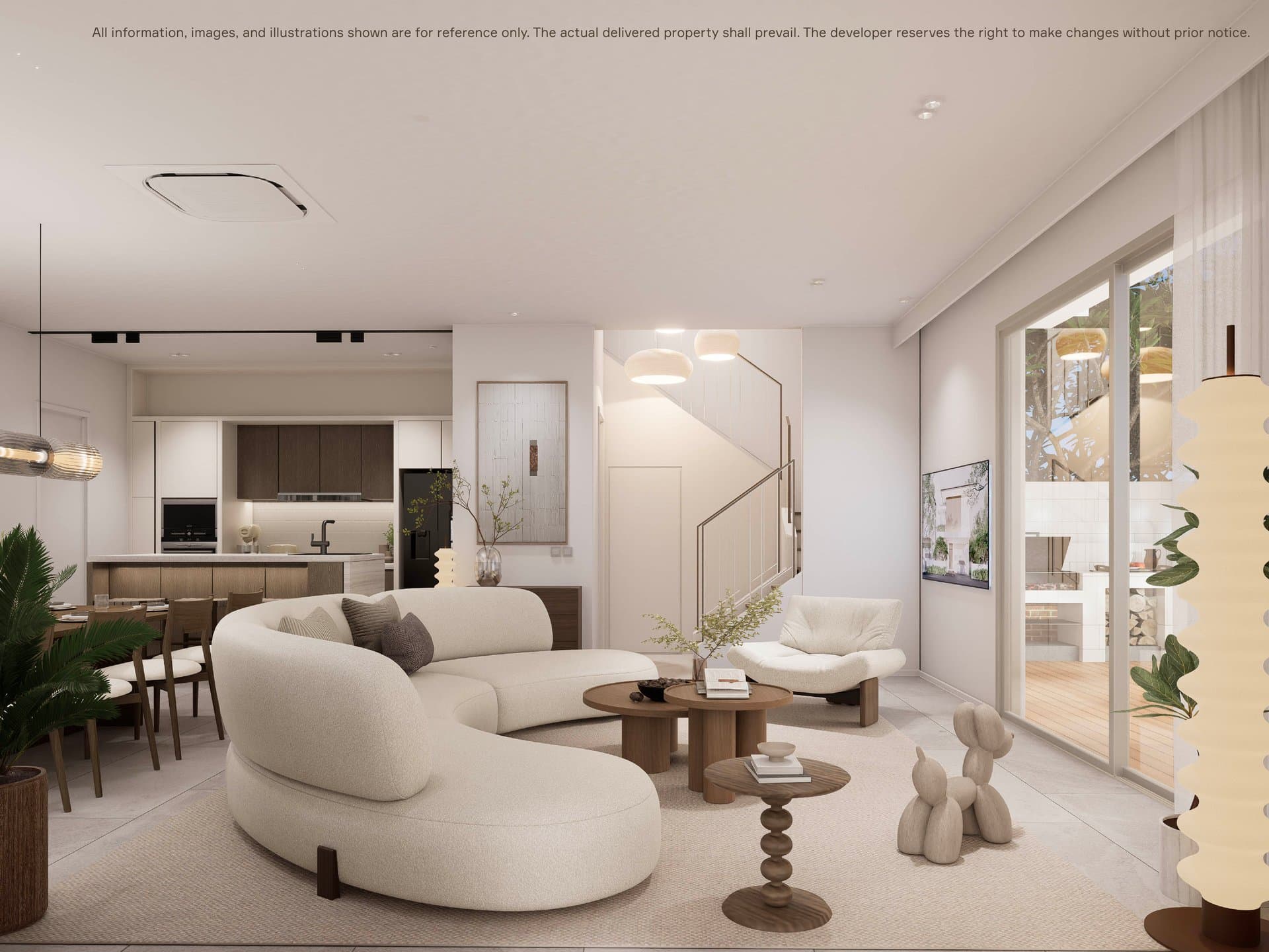 MORI dining and kitchen — open plan with designer lighting