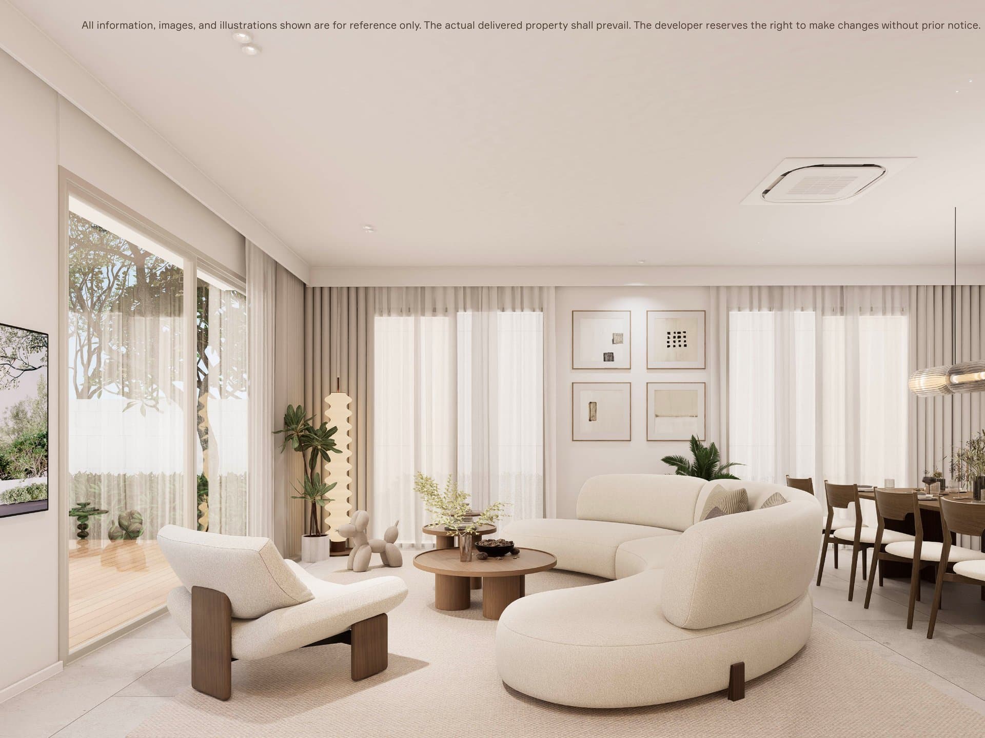 MORI living room — cream organic furniture, warm wood accents